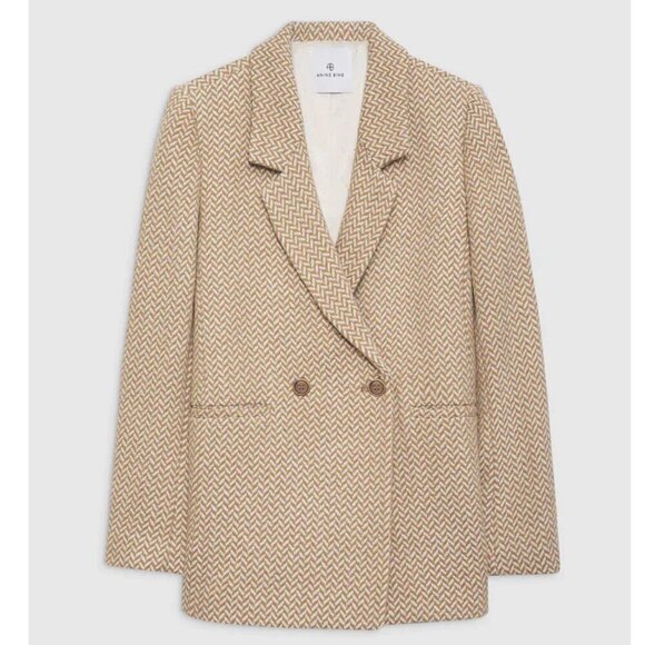 💕ANINE BING💕 Tweed Double Breasted Fishbone Blazer ~ Tan & Cream XL - Picture 11 of 16